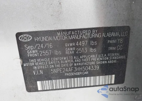 2017 Hyundai Sonata Se z USA, uszkodzony, nr VIN 5NPE24AF3HH504339